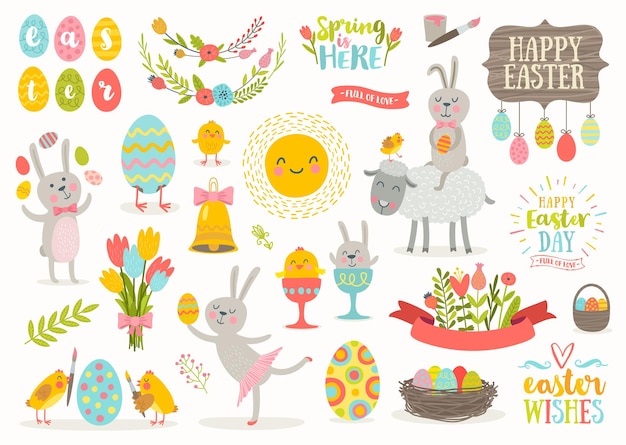 Conjunto de lindos personajes de dibujos animados de Pascua y elementos de diseño Conejito de Pascua pollos huevos y flores