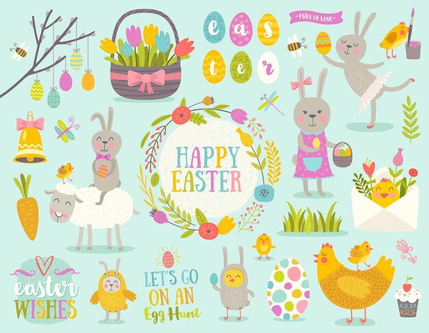 Conjunto de lindos personajes de dibujos animados de Pascua y elementos de diseño Conejito de Pascua pollos huevos y flores