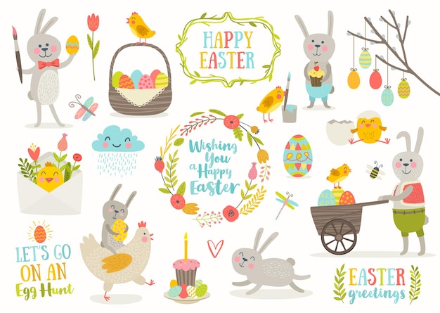 Conjunto de lindos personajes de dibujos animados de Pascua y elementos de diseño Conejito de Pascua pollos huevos y flores