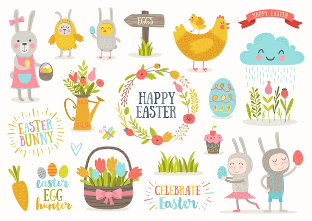 Conjunto de lindos personajes de dibujos animados de Pascua y elementos de diseño conejito pollos huevos y flores