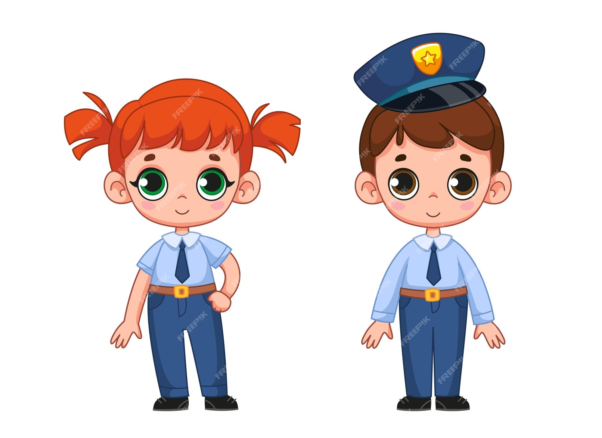 Conjunto de lindos personajes de dibujos animados en uniforme de policía niños pequeños, un niño y una niña vestidos de oficial | Vector Premium Conjunto de lindos personajes de dibujos animados en uniforme de policía niños pequeños, un niño y una niña vestidos de oficial | Vector Premium