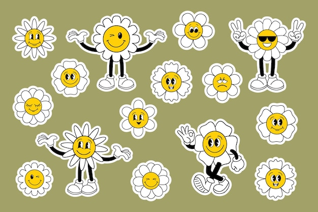 Conjunto de lindos personajes de flores hippie en estilo funky Elementos de ritmo de atmósfera retro de los años 70 Dibujos animados