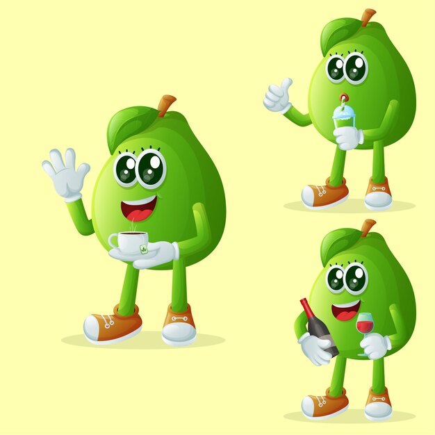 Vector conjunto de lindos personajes de guayaba disfrutando de bebidas perfecto para productos para niños y promoción de pancartas adhesivas o blog