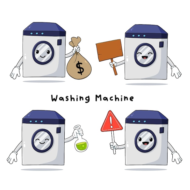 Conjunto de lindos personajes de mascota de dibujos animados de lavadora