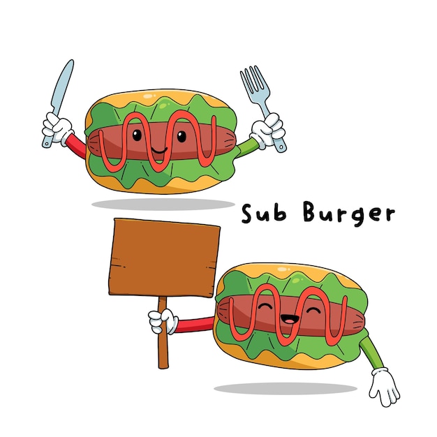 Vector conjunto de lindos personajes de mascota de dibujos animados de sub hamburguesa