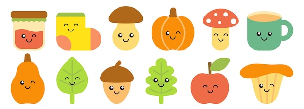 Conjunto de lindos personajes de otoño en estilo kawaii. Ilustraciones de dibujos animados, cosecha, temporada, pegatinas de otoño.