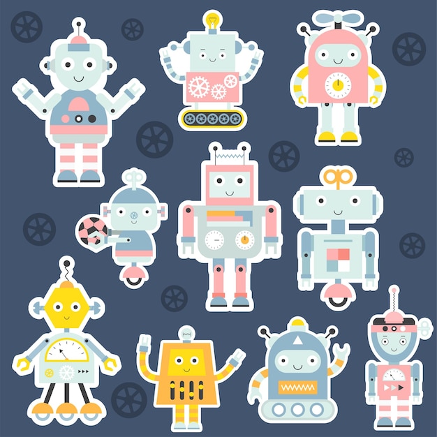 Vector conjunto de lindos personajes de robot y transformador en conjunto de pegatinas