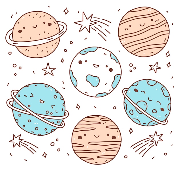 Conjunto de lindos planetas sonrientes y estrellas aisladas sobre fondo blanco ilustración de garabatos dibujados a mano