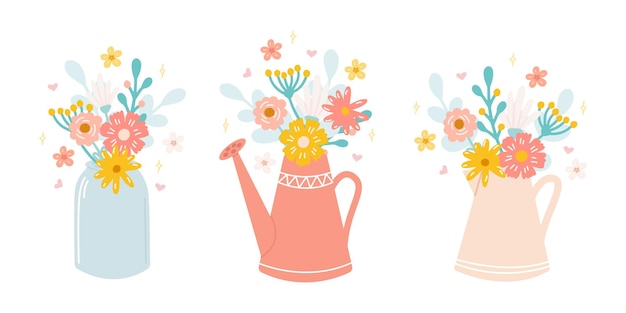 Conjunto de lindos ramos de flores hermosas en jarra y regadera Ilustración vectorial en estilo plano