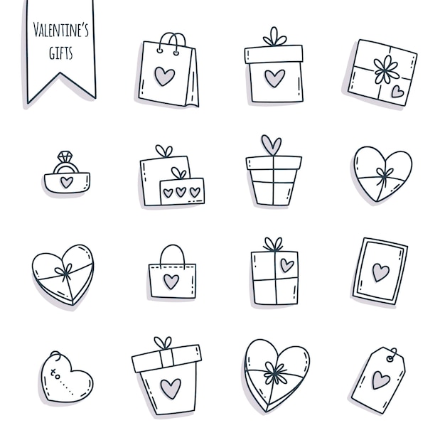 Conjunto de lindos regalos de San Valentín, regalos y elementos de cajas, lindo estilo de dibujos animados dibujados a mano