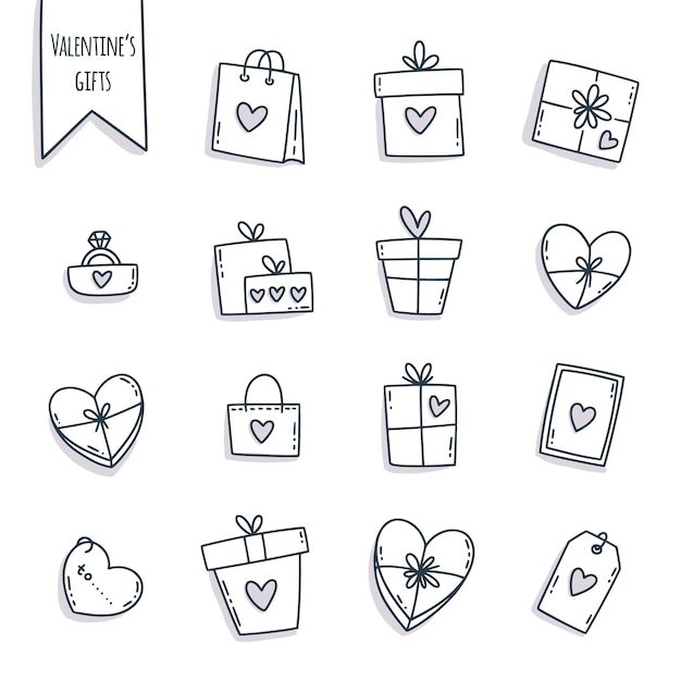 Vector conjunto de lindos regalos de san valentín, regalos y elementos de cajas, lindo estilo de dibujos animados dibujados a mano