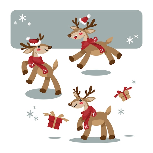 Conjunto de lindos renos usan bufanda roja y gorro de Papá Noel con caja de regalo