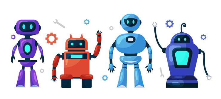 Vector conjunto de lindos robots chatbots ai bots personajes diseño vector ai tecnología y ciber caracteres servicio de tecnología futurista y concepto de inteligencia artificial de comunicación