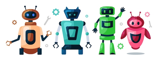 Conjunto de lindos robots chatbots AI bots personajes diseño vector AI tecnología y ciber caracteres Servicio de tecnología futurista y concepto de inteligencia artificial de comunicación