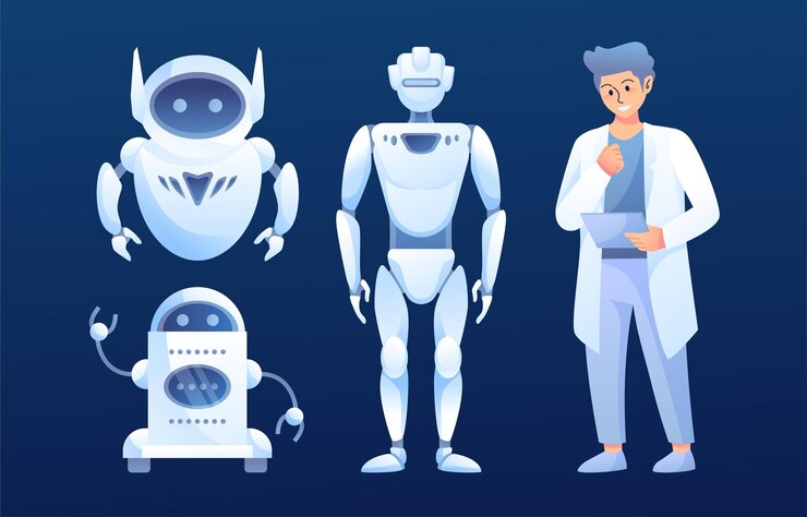 Vector conjunto de lindos robots y diseño de dibujos animados vector ai tecnología y personajes cibernéticos servicio de tecnología futurista y concepto de inteligencia artificial de comunicación