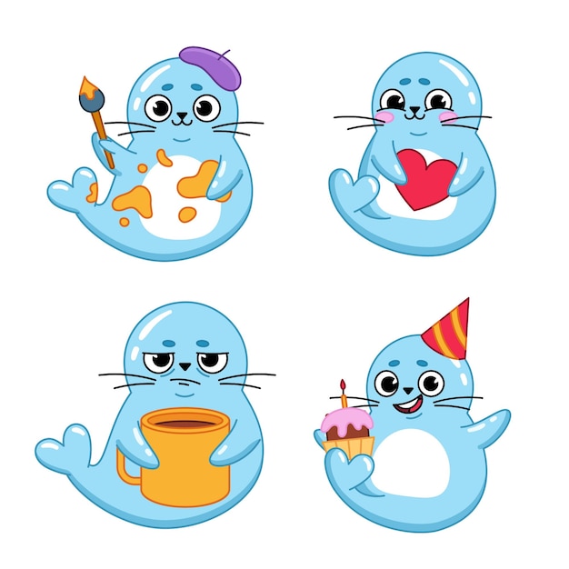 Conjunto de lindos sellos de dibujos animados dibujados a mano con cupcake de taza de café de corazón de pincel