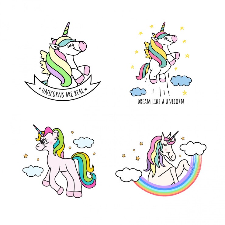 Conjunto de lindos unicornios dibujados a mano