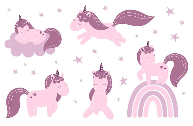 conjunto de lindos unicornios de hadas, nubes, estrellas decoración para una guardería, carteles, papel tapiz, impresión para ropa.