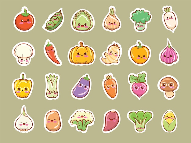 Conjunto de lindos vegetales en dibujos animados de estilo adhesivo kawaii