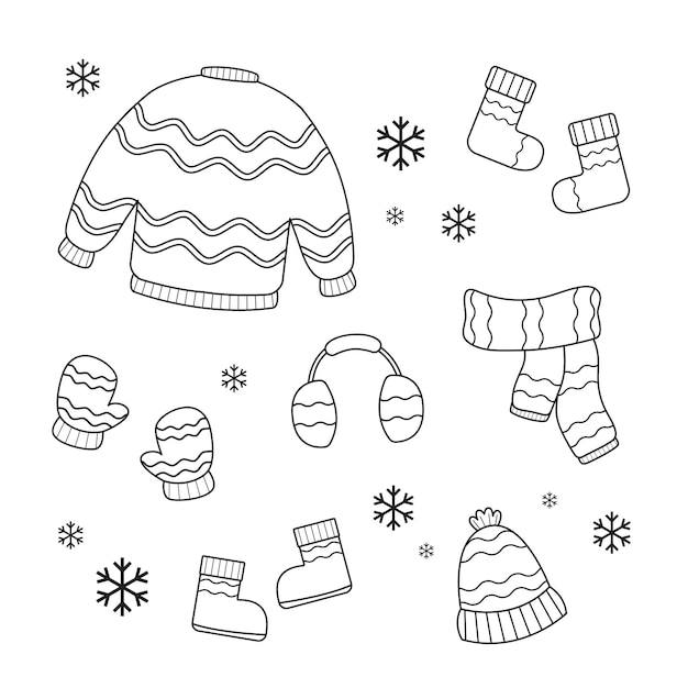 Conjunto de Line art Ropa de invierno y accesorios para clima frío Line art Sombreros bufandas mitones y calcetines