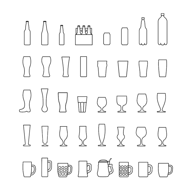 Conjunto de línea de botellas y vasos de cerveza vector