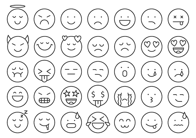 Vector conjunto de línea negra simple de icono de cara emoji comunicación de icono de emoción diferente en el sitio web de mensajería de red social expresión tristeza alegría ira linda forma mínima pegatina de chat aislada en blanco