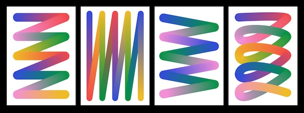 Conjunto de línea de neón gradiente en fondo blanco Curva de trazo abstracto Conjunto del volante con cintas onduladas coloridas