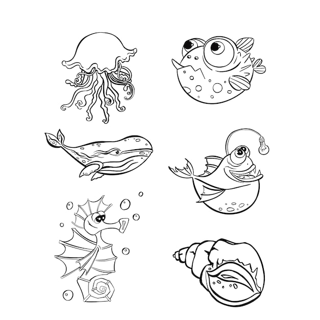 Conjunto de línea de peces marinos símbolo vector dibujado a mano