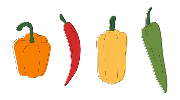 Vector conjunto de línea de pimientos diferentes conjunto de iconos de colección de pimienta de plátano de chile de campana de color aislado en blanco