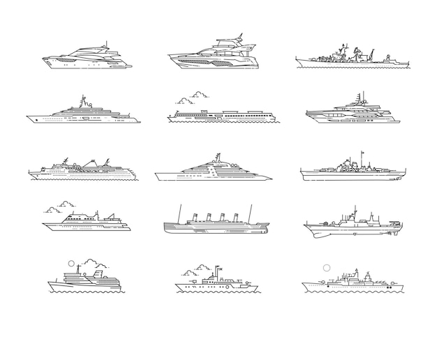 Vector conjunto de línea vectorial de barcos y barcos