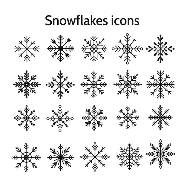 Conjunto lineal de iconos con copos de nieve negros sobre fondo blanco