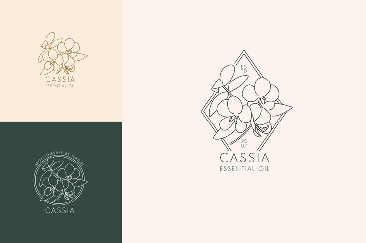 Conjunto lineal de vectores de iconos y símbolos botánicos - casia. Diseño de logotipos para aceite esencial de casia. Producto cosmético natural.