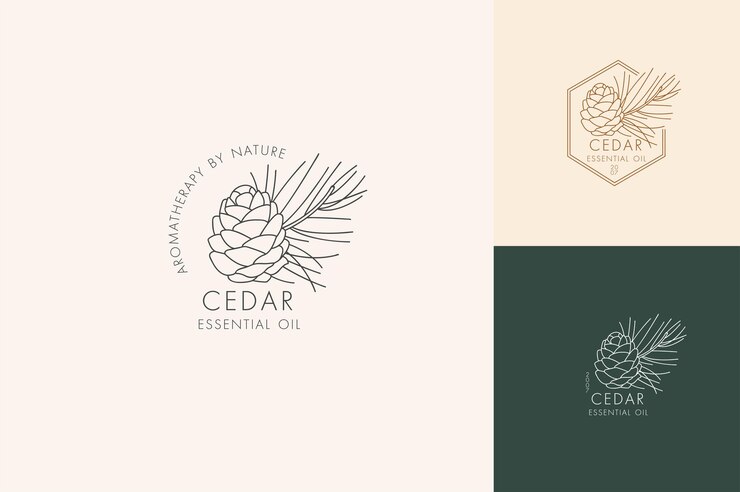 Conjunto lineal de vectores de iconos y símbolos botánicos - cedro. Diseño de logotipos para aceite esencial de cedro. Producto cosmético natural.