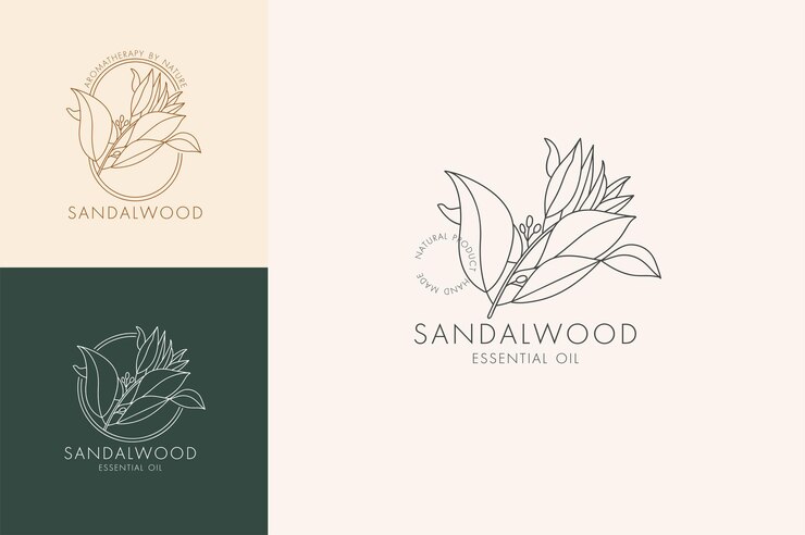 Conjunto lineal de vectores de iconos y símbolos botánicos - sándalo. Diseño de logotipos para aceite esencial de sándalo. Producto cosmético natural.