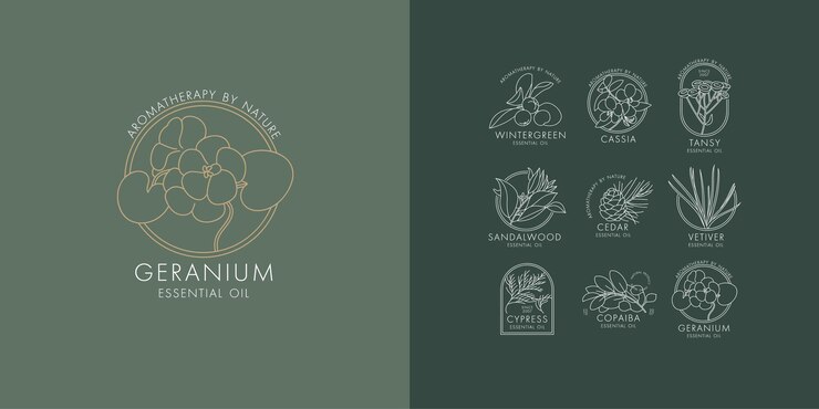 Conjunto lineal vectorial de iconos y emblemas botánicos. Diseño de logos con tipografía para aceites esenciales. Productos cosméticos naturales.