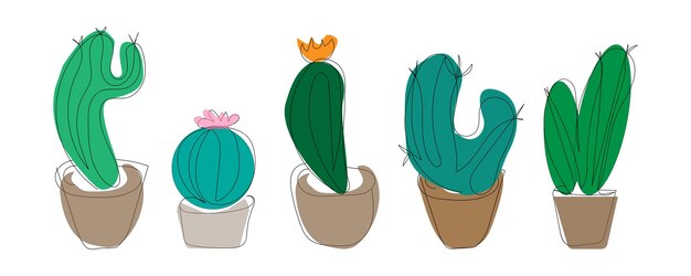 Conjunto lineart de cactus en macetas