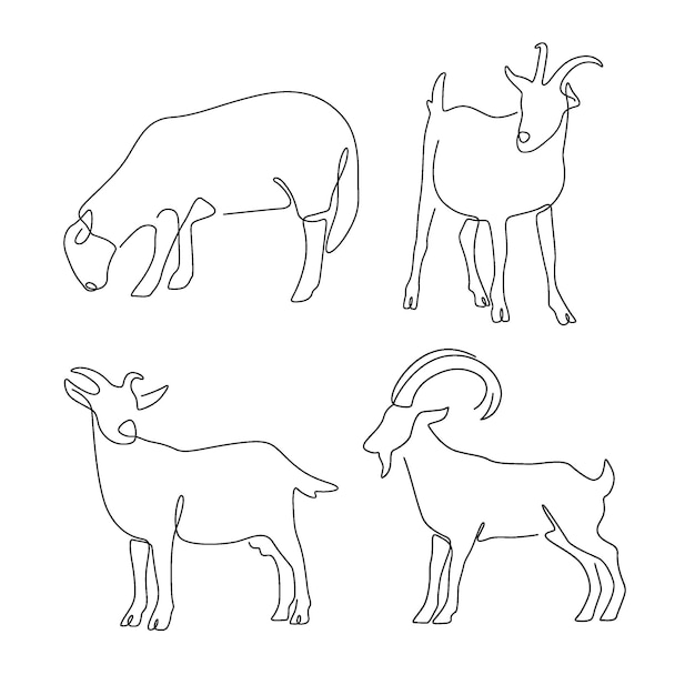 Conjunto de líneas de arte de ovejas y cabras de granja animal dibujadas a mano para el diseño del logotipo