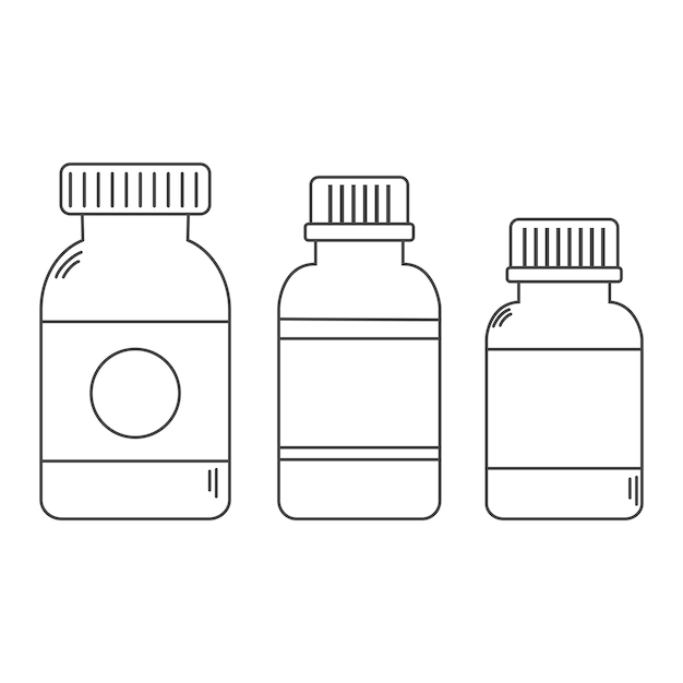 Conjunto de líneas de arte pastillas botellas iconos envases de plástico para drogas golpe editable