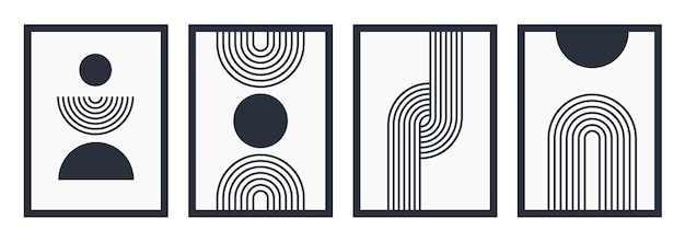 Conjunto de líneas azules oscuras boho póster forma geométrica conjunto de diseño de patrones abstractos arte de línea
