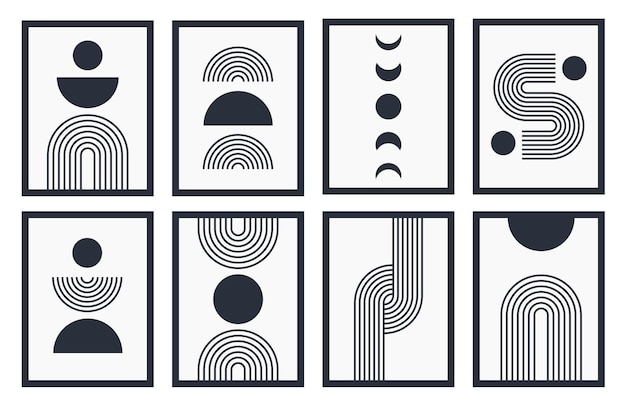Conjunto de líneas azules oscuras boho póster forma geométrica conjunto de diseño de patrones abstractos arte de línea