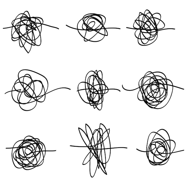 Conjunto de líneas caóticas aleatorias dibujo a mano loco enredado garabateo clew icono vectorial aislado en fondo blanco