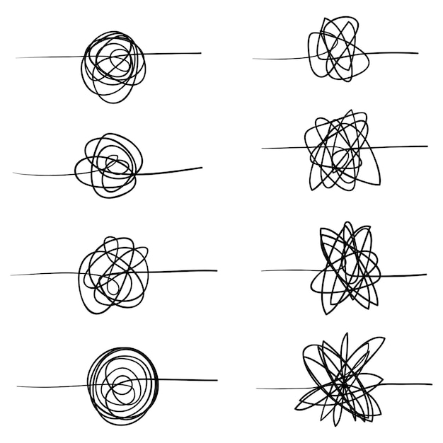 Conjunto de líneas caóticas aleatorias Dibujo a mano loco enredado garabato clew Vector icono aislado sobre fondo blanco