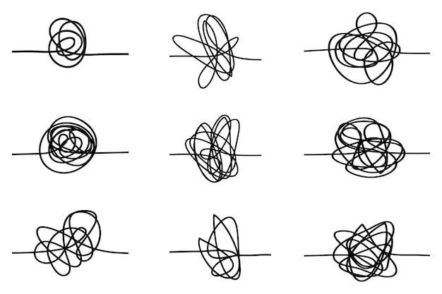 Conjunto de líneas caóticas aleatorias dibujo a mano loco enredado garabatos clew icono vectorial aislado en blanco