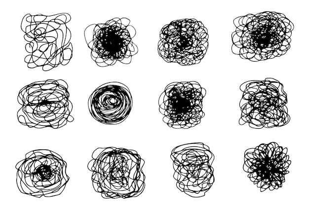 Conjunto de líneas caóticas aleatorias. Doodle enredado loco dibujado a mano.