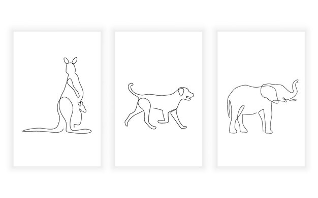 Conjunto de líneas continuas de arte de una sola línea de animales para el diseño de logotipos y canguro y elefante imprimibles
