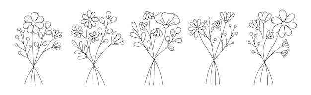 conjunto de líneas de dibujo a mano ramo de flores silvestres elementos botánicos diseño de líneas flores conjunto vectorial