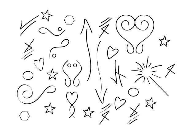 El conjunto de líneas finas negras Doodle Swash incluye un círculo de trazo cardíaco y un vector de signo de flecha