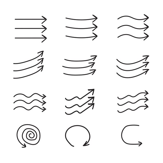 Conjunto de líneas de flecha dibujadas a mano e indicador de dirección