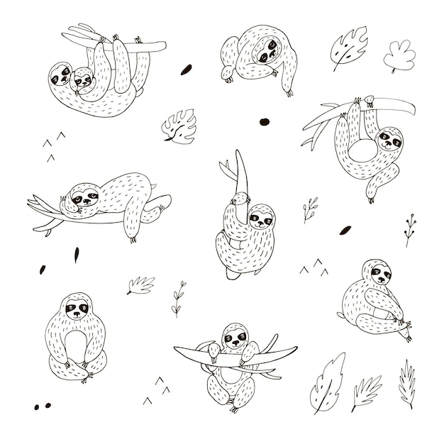 Conjunto de líneas de ilustraciones vectoriales de animales perezosos