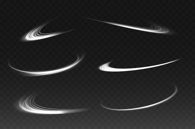 Conjunto de líneas de luz abstractas de movimiento y velocidad con destellos de color blanco Luz efecto brillante todos los días onda semicircular sendero de luz curva remolino faros de coche fibra óptica incandescente png